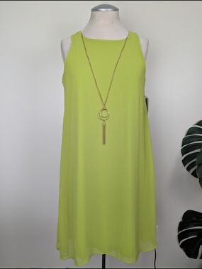 Tacera Lime Green Sleeveless Midi Shift Dress with Detachable Pendant Necklace